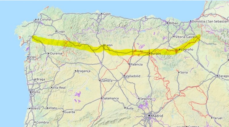 Dies ist eine Karte, die die Route des Camino Francés anzeigt.