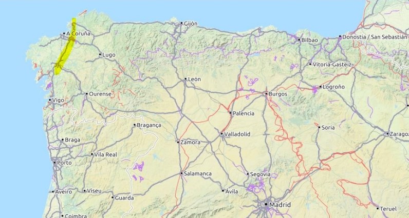 Dies ist eine Karte, die den Jakobsweg Camino Inglés zeigt.