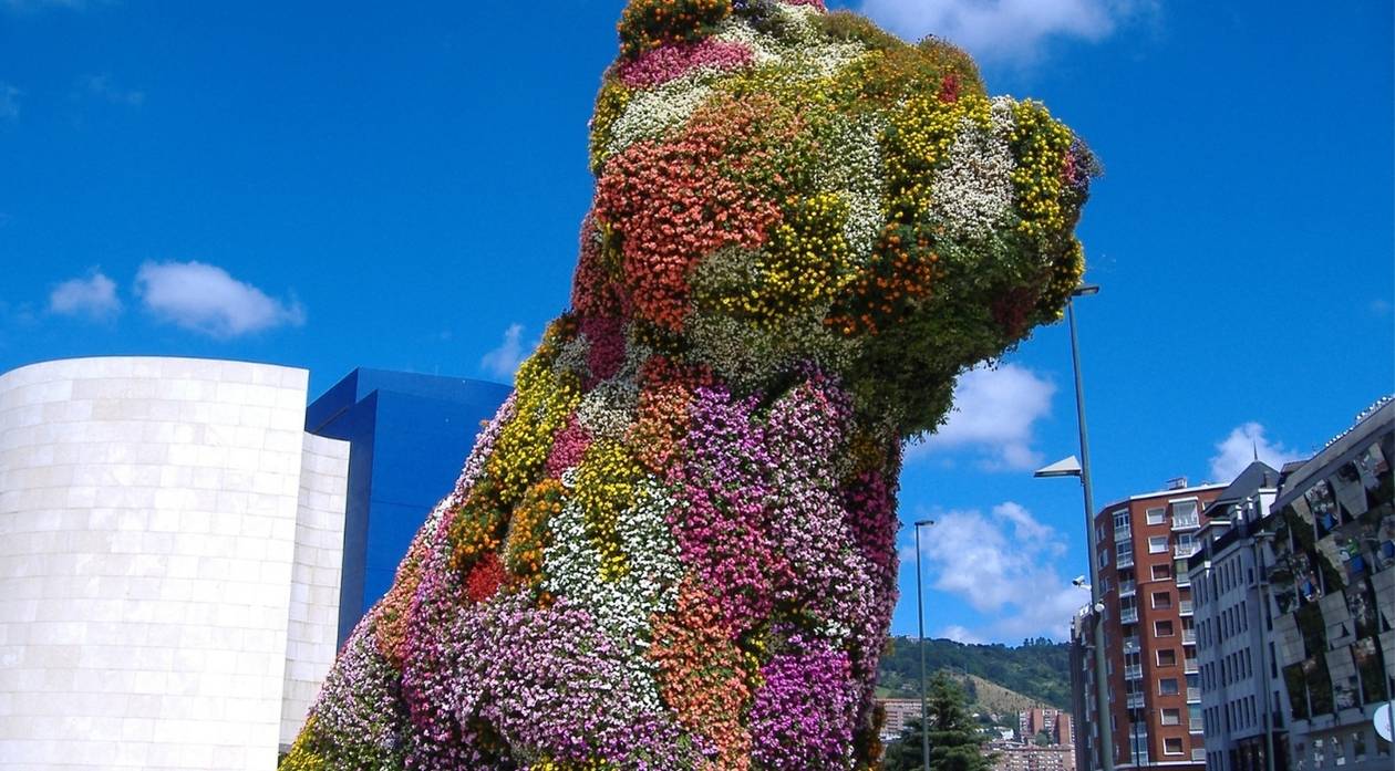 Hund vor dem Bilbao Guggenheim Museum