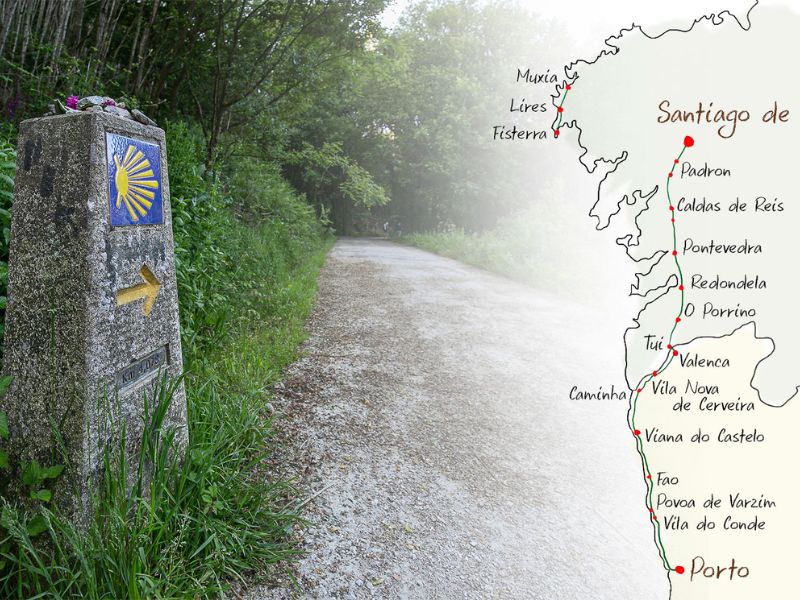 Karte des Camino Portugues ab Porto nach Santiago