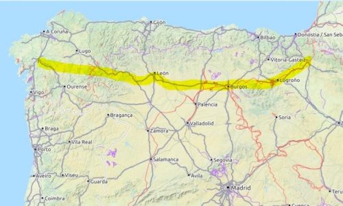 Dies ist eine Karte, die die Route des Camino Francés anzeigt.